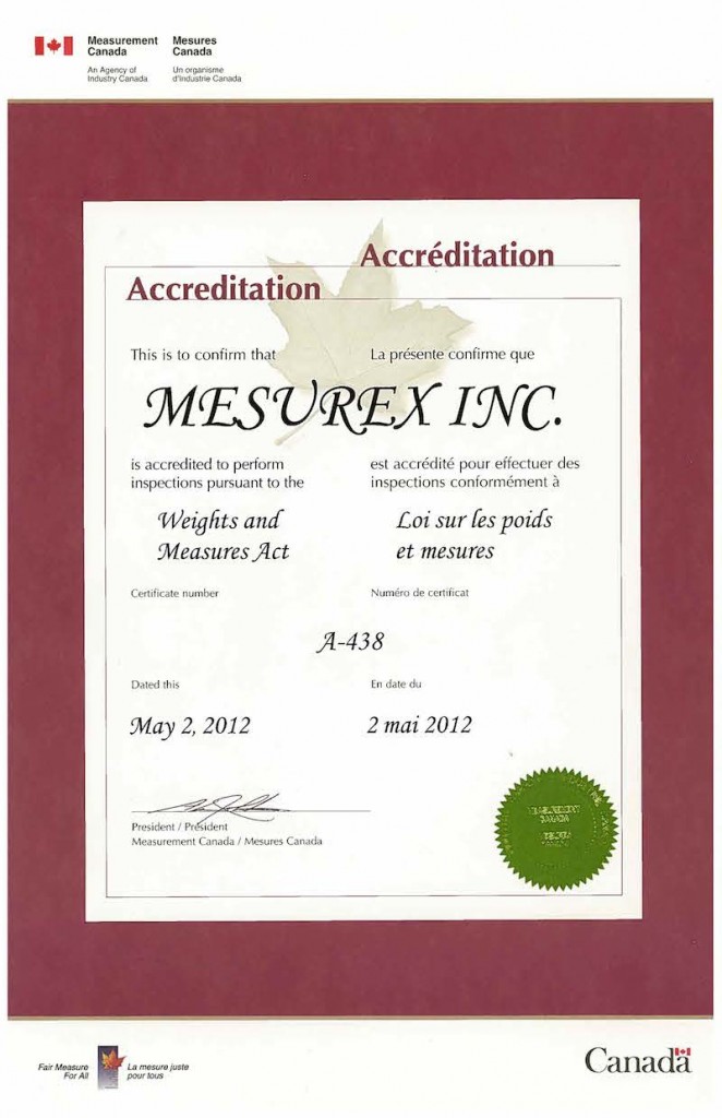Certificat de Mesures Canada de Mesurex inc.